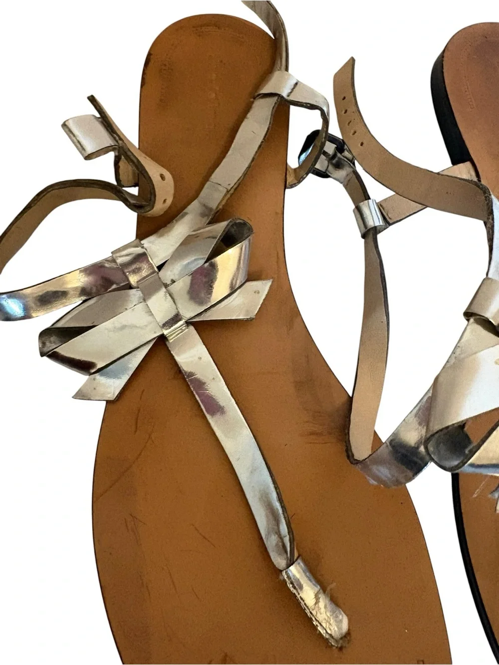 Zara Metallic Silver Bow T-Strap Flat Sandals - Picture 2 of 4
